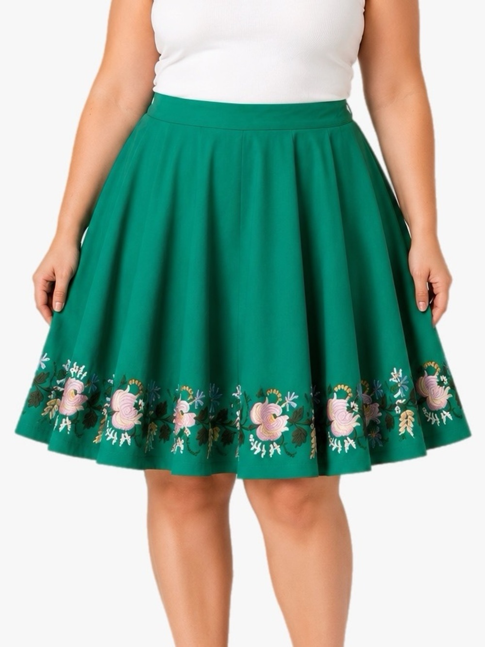 Moon Plus Size 2X Green Embroidered Circle Skirt Floral Knee Length A-Line